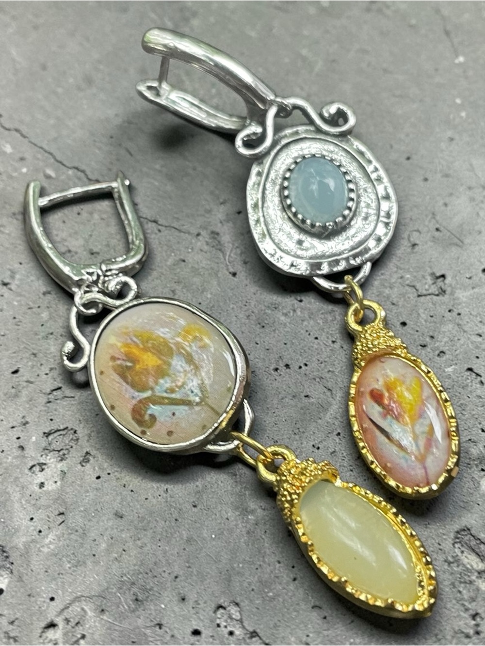 Hand-Painted Floral Drop Earrings in Silver and Gold with Blue and Cream Accents